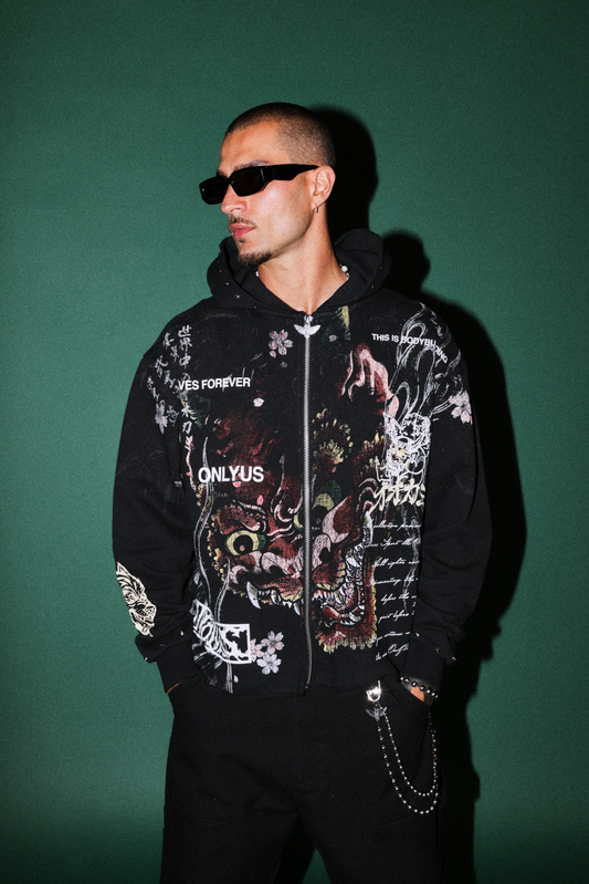 SHUTENDOJI DISTRESSED GRUNGE MID LENGTH RAW HEM ZIP HOODIE IN BLACK