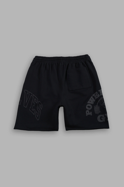 POWERHOUSE OF THE WOLVES GRUNGE BROCK SWEAT SHORTS IN BLACK