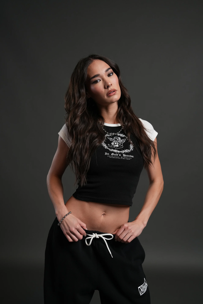 CHERUB'S OATH LINA RAGLAN "BABY" TEE IN BLACK/CREAM