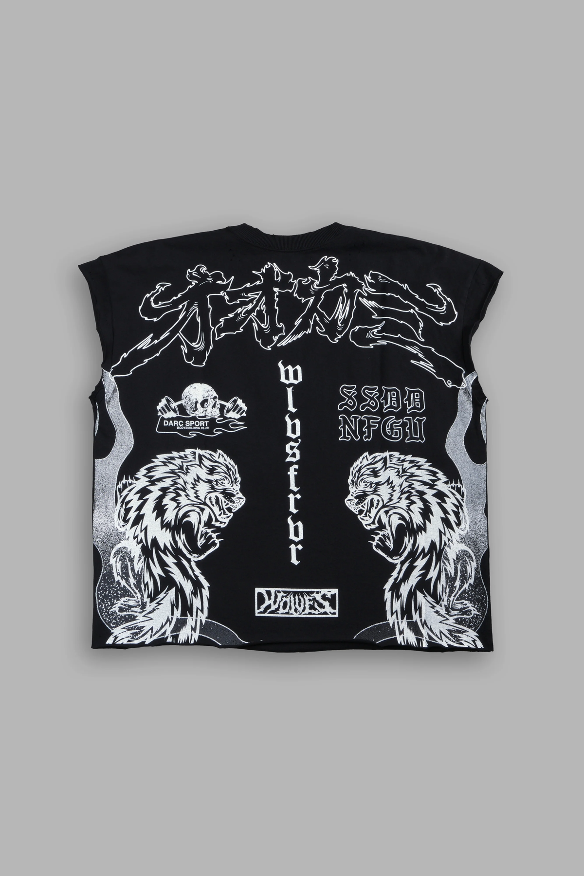 OUR CODE DISTRESSED GRUNGE CUT OFF MID LENGTH RAW HEM TEE IN BLACK