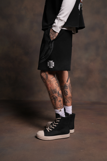 REAL RECOGNIZE REAL UNISEX OVERSIZED POST LOUNGE SWEAT SHORTS V2 IN BLACK DRIFT WASH