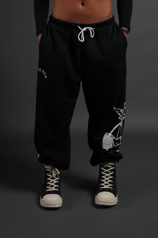 POWERHOUSE OF THE CHERUB UNISEX LIGHTWEIGHT LOUNGER SWEAT PANTS IN BLACK DRIFT WASH