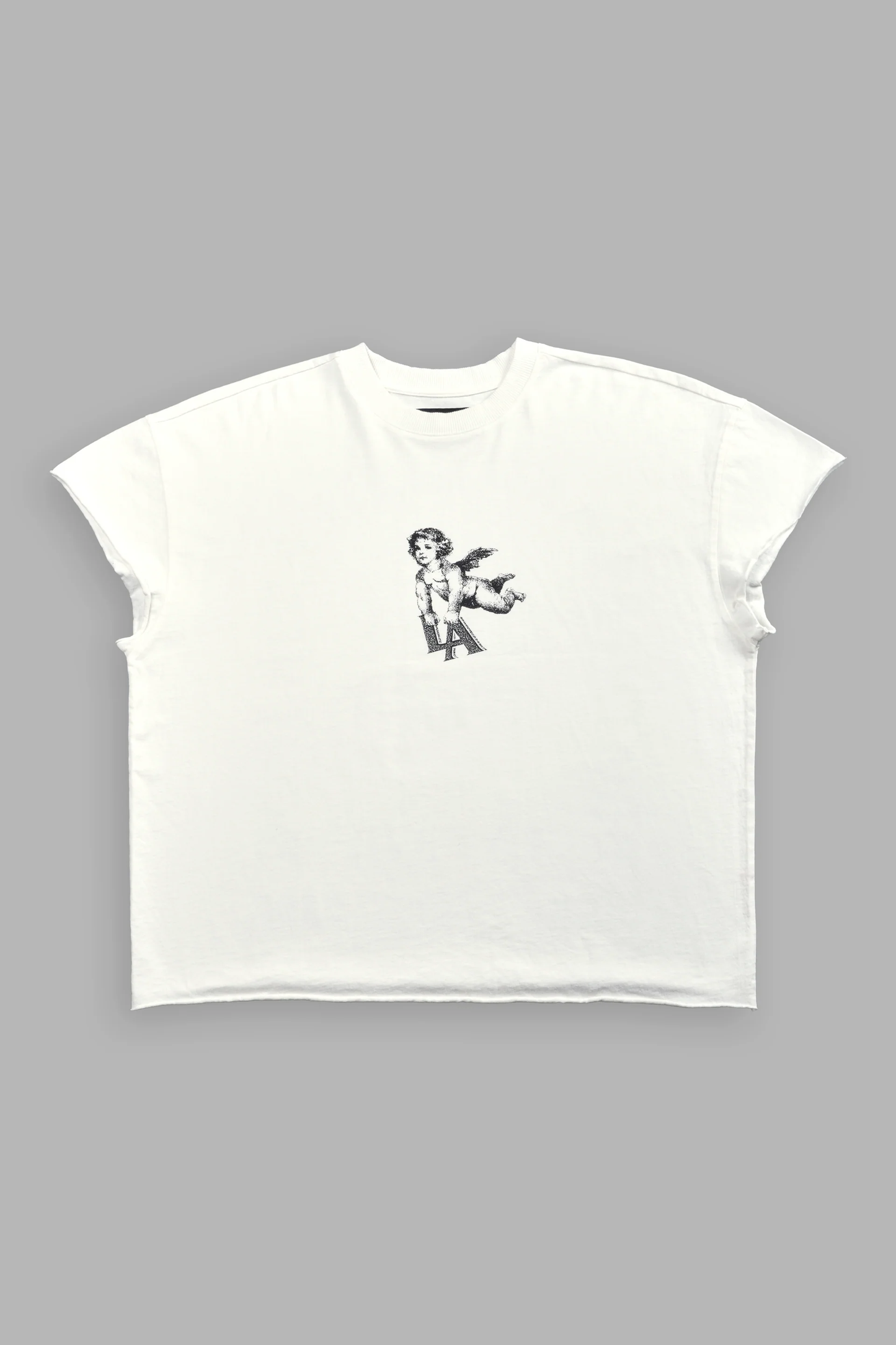 LA CHERUB GRUNGE MID LENGTH RAW HEM CAP SLEEVE TEE IN CREAM