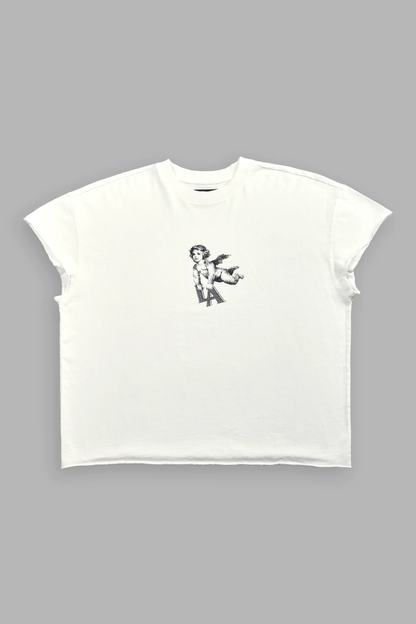 LA CHERUB GRUNGE MID LENGTH RAW HEM CAP SLEEVE TEE IN CREAM