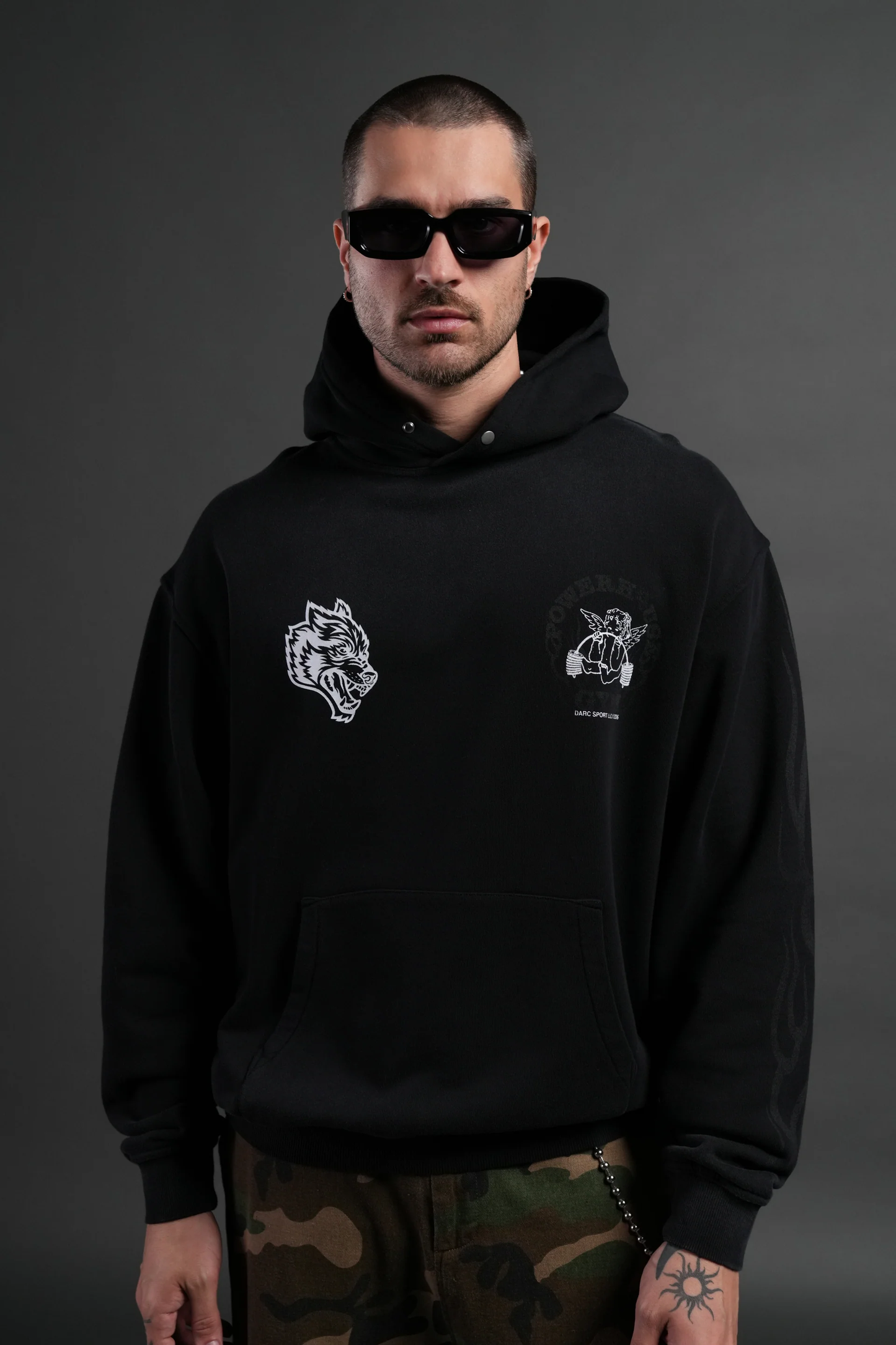 POWERHOUSE OF THE CHERUB UNISEX "PIERCE" HOODIE IN BLACK DRIFT WASH