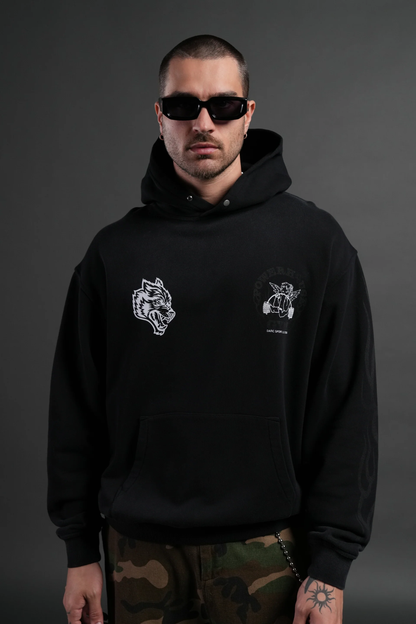 POWERHOUSE OF THE CHERUB UNISEX "PIERCE" HOODIE IN BLACK DRIFT WASH