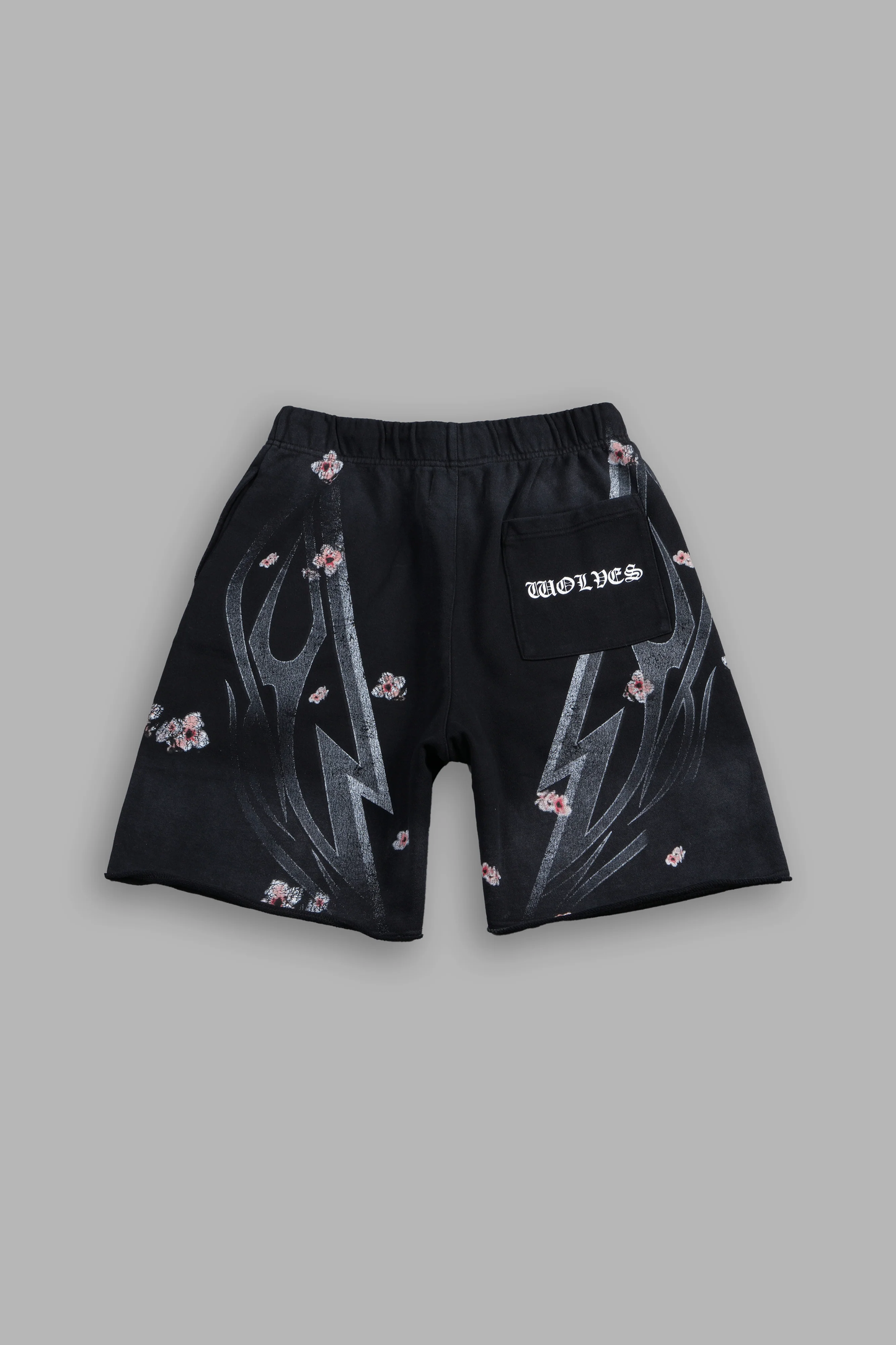 IRON SAKURA GRUNGE OVERSIZED RAW HEM POST LOUNGE SWEAT SHORTS IN BLACK DRIFT WASH
