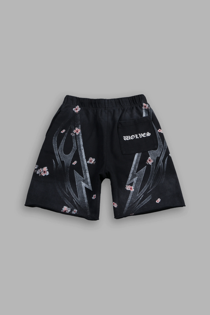 IRON SAKURA GRUNGE OVERSIZED RAW HEM POST LOUNGE SWEAT SHORTS IN BLACK DRIFT WASH