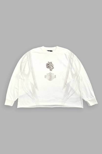 IRON SAKURA GRUNGE MID LENGTH RAW HEM LS TEE IN WHITE