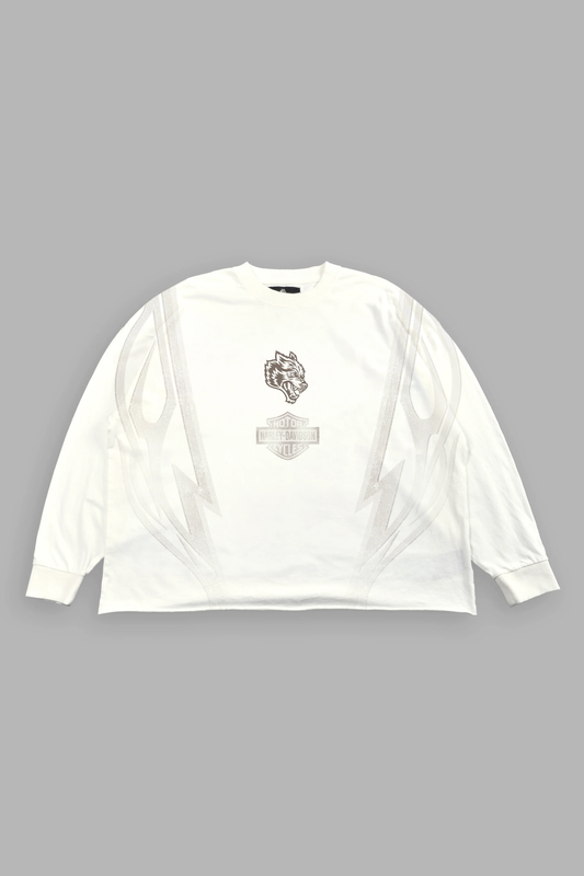 IRON SAKURA GRUNGE MID LENGTH RAW HEM LS TEE IN WHITE