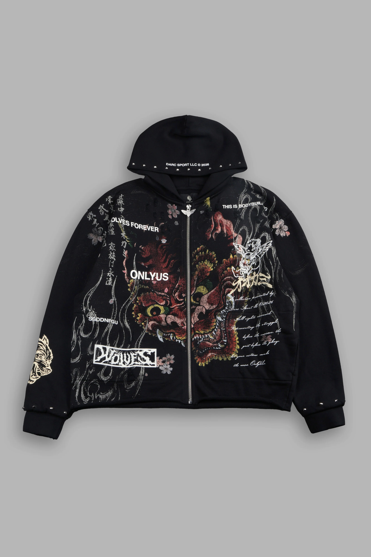 SHUTENDOJI DISTRESSED GRUNGE MID LENGTH RAW HEM ZIP HOODIE IN BLACK