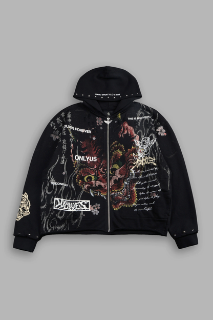 SHUTENDOJI DISTRESSED GRUNGE MID LENGTH RAW HEM ZIP HOODIE IN BLACK