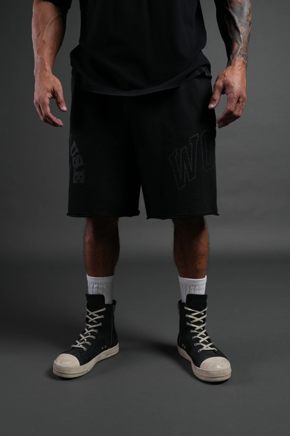 POWERHOUSE OF THE WOLVES GRUNGE BROCK SWEAT SHORTS IN BLACK
