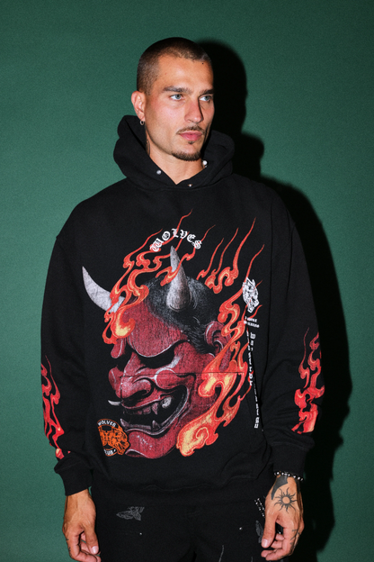 WOLVES CLUB ONI INFERNO PIERCE HOODIE IN BLACK
