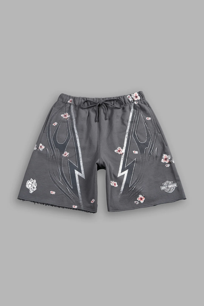 IRON SAKURA GRUNGE OVERSIZED RAW HEM POST LOUNGE SWEAT SHORTS IN SLATE GRAY