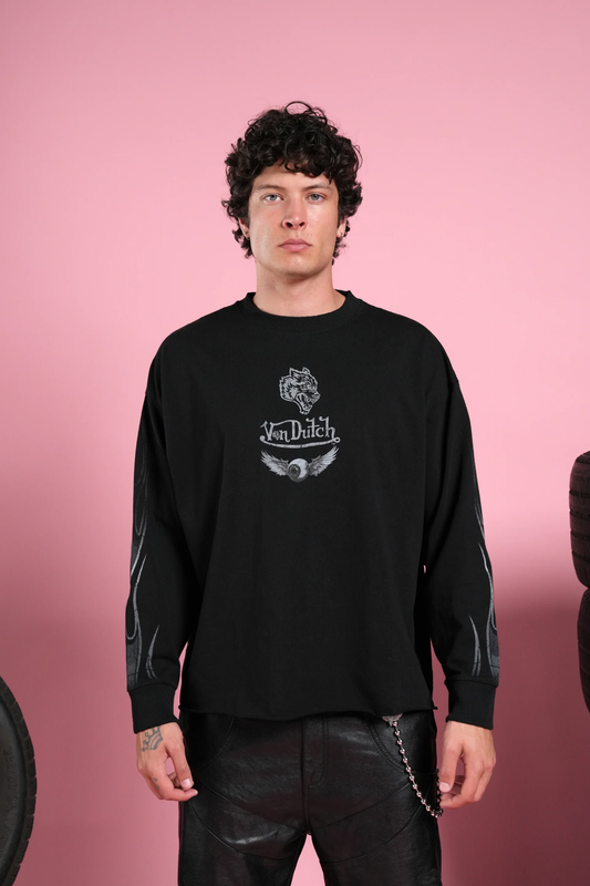 TAKE-OFF GRUNGE MID-LENGTH RAW HEM LS TEE IN BLACK