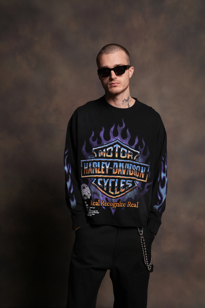 IRON FIRE DISTRESSED GRUNGE "BOX CUT" L/S TEE IN BLACK SUN FADE