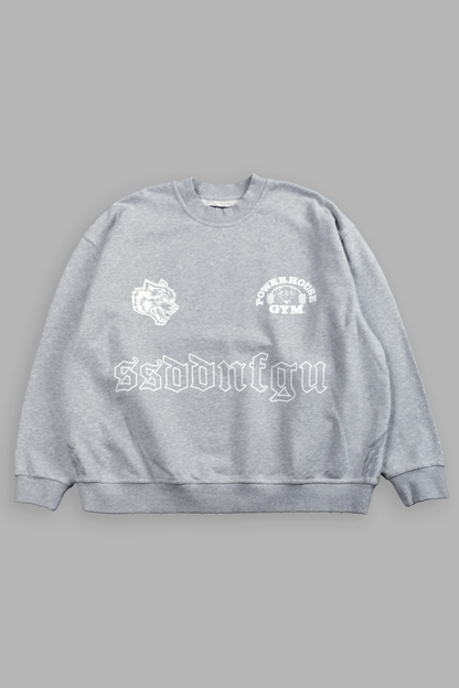 POWERHOUSE MOTH DESTROYED OVERSIZED LONDON CREWNECK IN LIGHT ATHLETIC GRAY