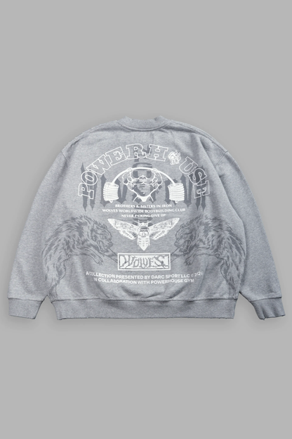 POWERHOUSE MOTH DESTROYED OVERSIZED LONDON CREWNECK IN LIGHT ATHLETIC GRAY