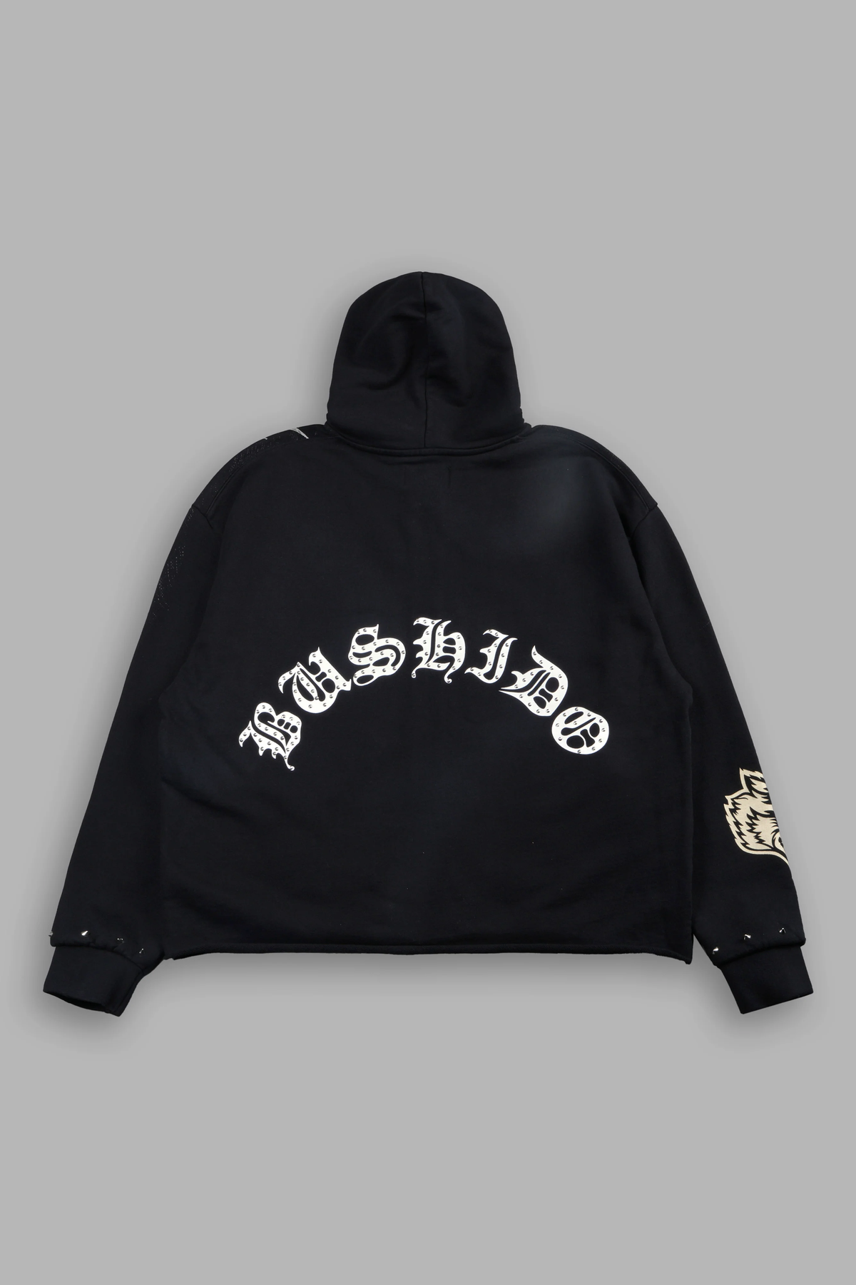 SHUTENDOJI DISTRESSED GRUNGE MID LENGTH RAW HEM ZIP HOODIE IN BLACK