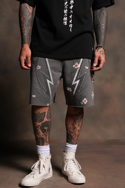 IRON SAKURA GRUNGE OVERSIZED RAW HEM POST LOUNGE SWEAT SHORTS IN SLATE GRAY