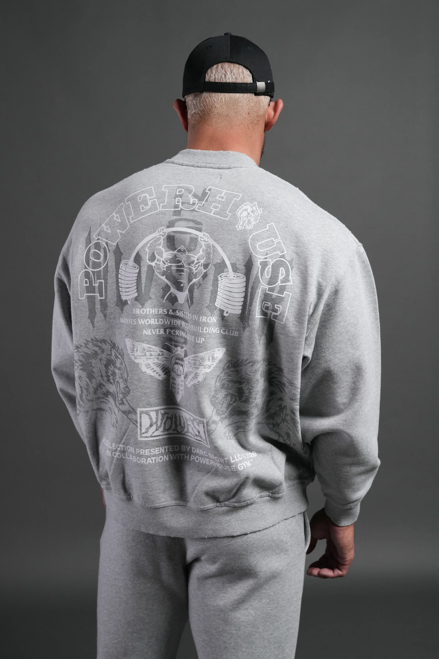 POWERHOUSE MOTH DESTROYED OVERSIZED LONDON CREWNECK IN LIGHT ATHLETIC GRAY