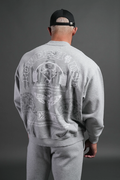 POWERHOUSE MOTH DESTROYED OVERSIZED LONDON CREWNECK IN LIGHT ATHLETIC GRAY