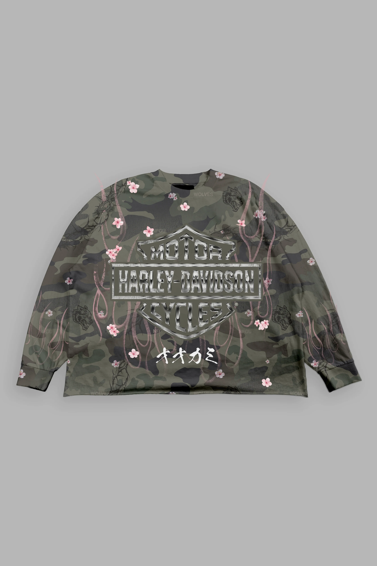 DARC BLOSSOM GRUNGE MID LENGTH RAW HEM LS TEE IN WARRIOR IN A GARDEN GREEN CAMO