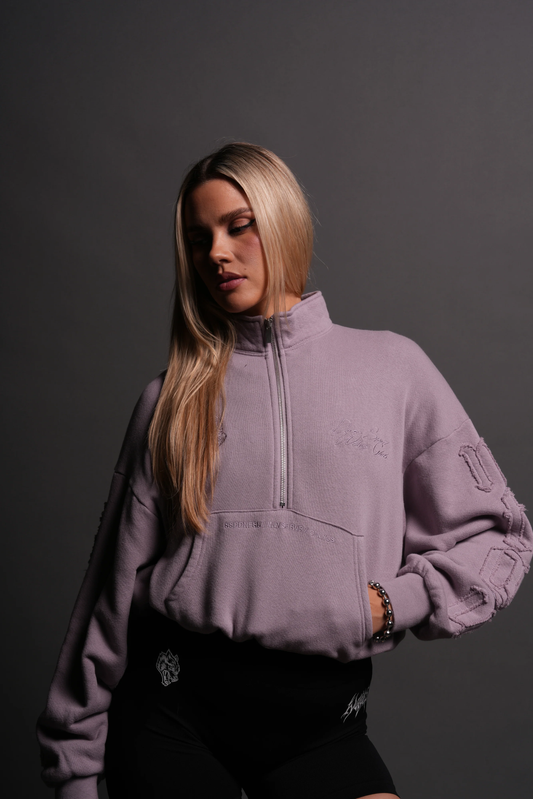 OUR MANTRA APPLIQUÉ OVERSIZED "EVERSON" MOCKNECK IN PURPLE SMOKE