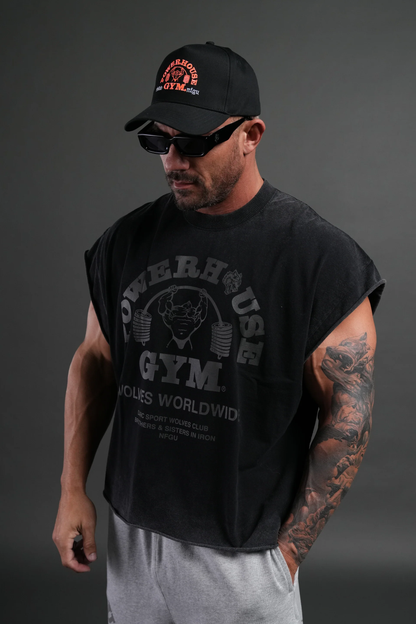 POWERHOUSE OF THE WOLVES GRUNGE CUT-OFF TEE IN BLACK