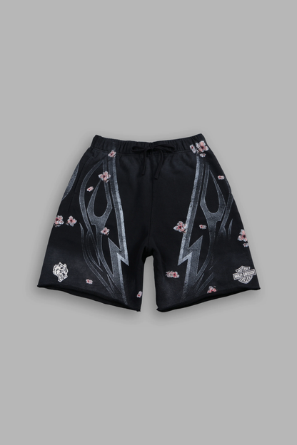 IRON SAKURA GRUNGE OVERSIZED RAW HEM POST LOUNGE SWEAT SHORTS IN BLACK DRIFT WASH