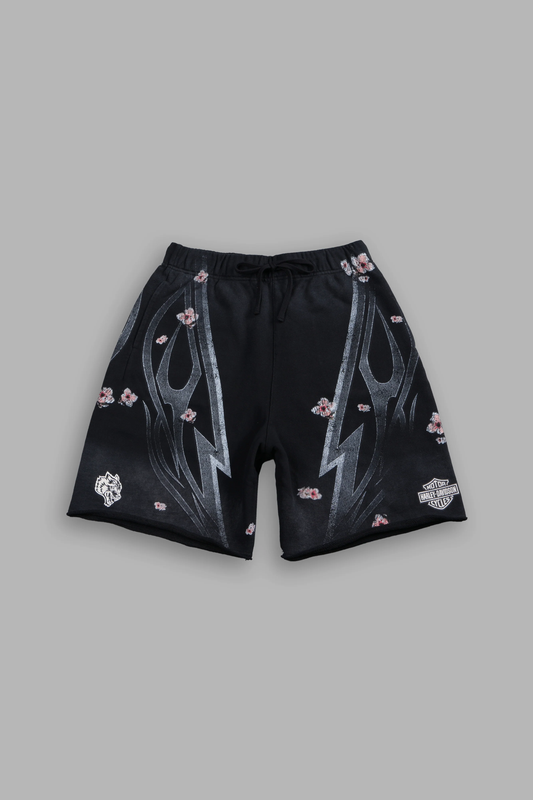 IRON SAKURA GRUNGE OVERSIZED RAW HEM POST LOUNGE SWEAT SHORTS IN BLACK DRIFT WASH