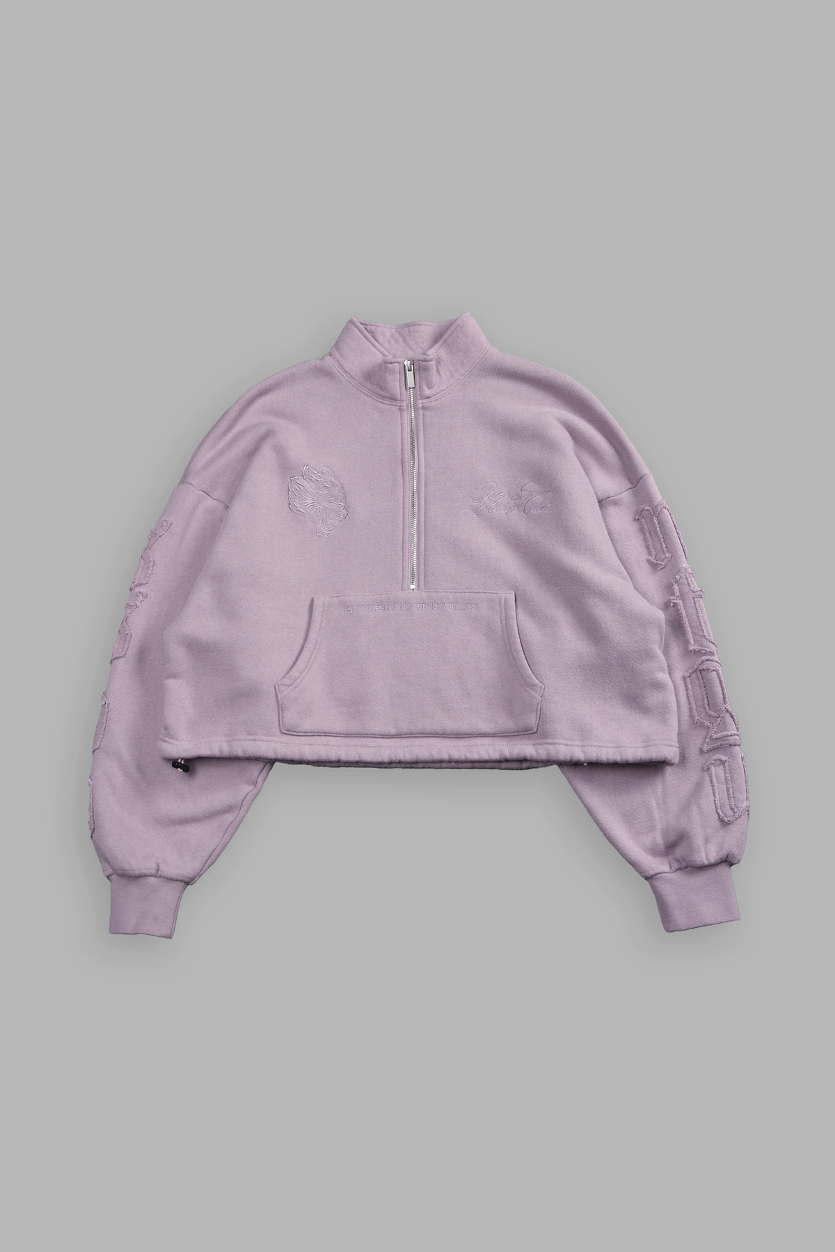 OUR MANTRA APPLIQUÉ OVERSIZED "EVERSON" MOCKNECK IN PURPLE SMOKE