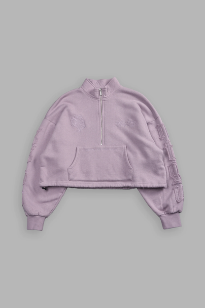 OUR MANTRA APPLIQUÉ OVERSIZED "EVERSON" MOCKNECK IN PURPLE SMOKE
