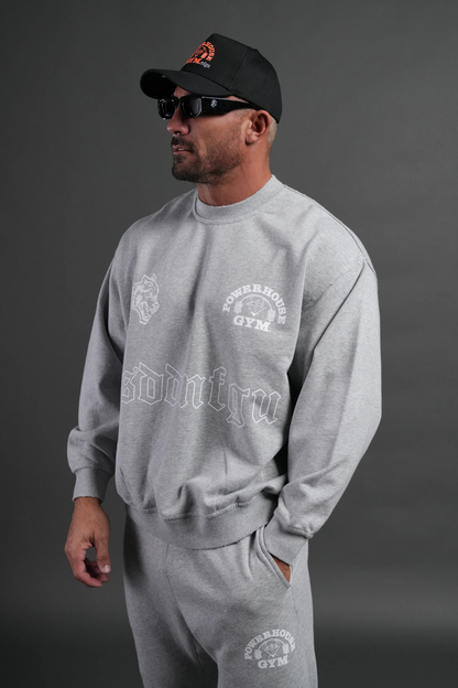 POWERHOUSE MOTH DESTROYED OVERSIZED LONDON CREWNECK IN LIGHT ATHLETIC GRAY
