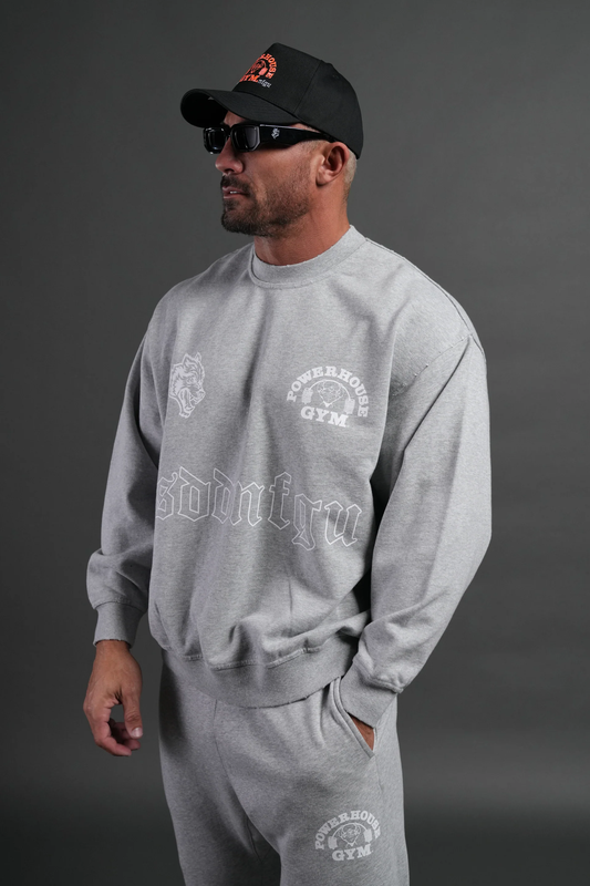 POWERHOUSE MOTH DESTROYED OVERSIZED LONDON CREWNECK IN LIGHT ATHLETIC GRAY