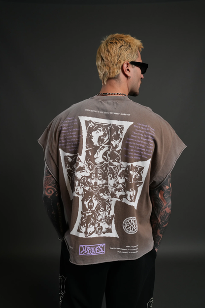 IRON WOLF PACK GRUNGE CUT-OFF TEE IN MOJAVE BROWN