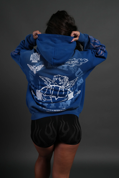 POWERHOUSE OF THE CHERUB UNISEX "PIERCE" HOODIE IN DARC COBALT DRIFT WASH