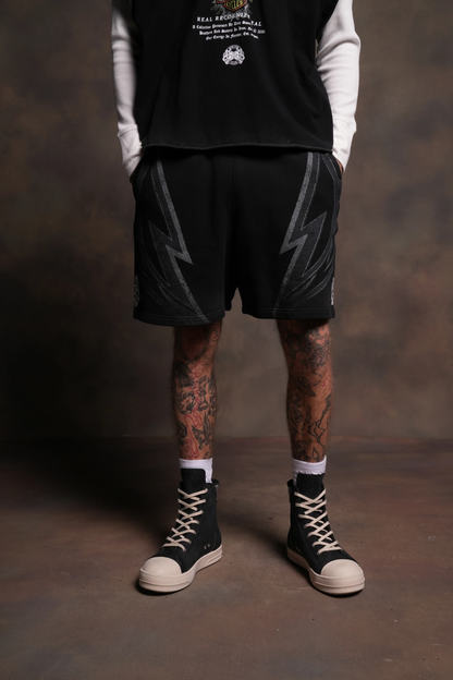 REAL RECOGNIZE REAL UNISEX OVERSIZED POST LOUNGE SWEAT SHORTS V2 IN BLACK DRIFT WASH