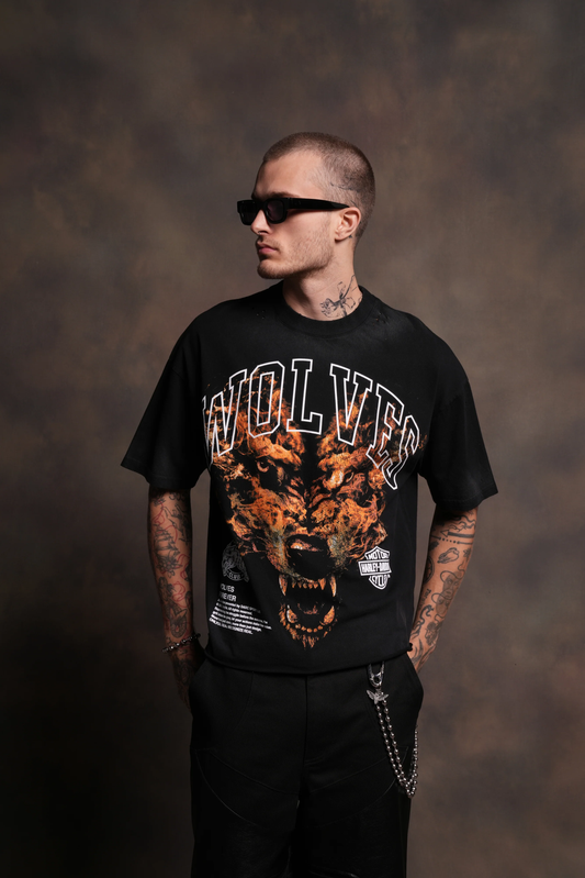 BORN FROM FIRE DISTRESSED GRUNGE MID-LENGTH RAW HEM TEE IN BLACK DRIFT WASH