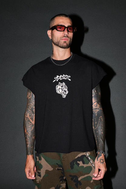 OUR CODE DISTRESSED GRUNGE CUT OFF MID LENGTH RAW HEM TEE IN BLACK