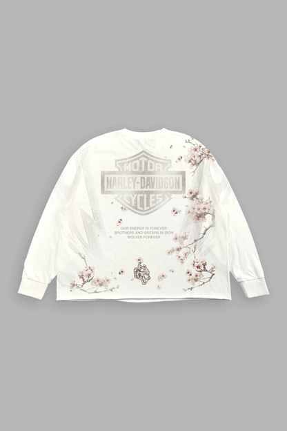 IRON SAKURA GRUNGE MID LENGTH RAW HEM LS TEE IN WHITE