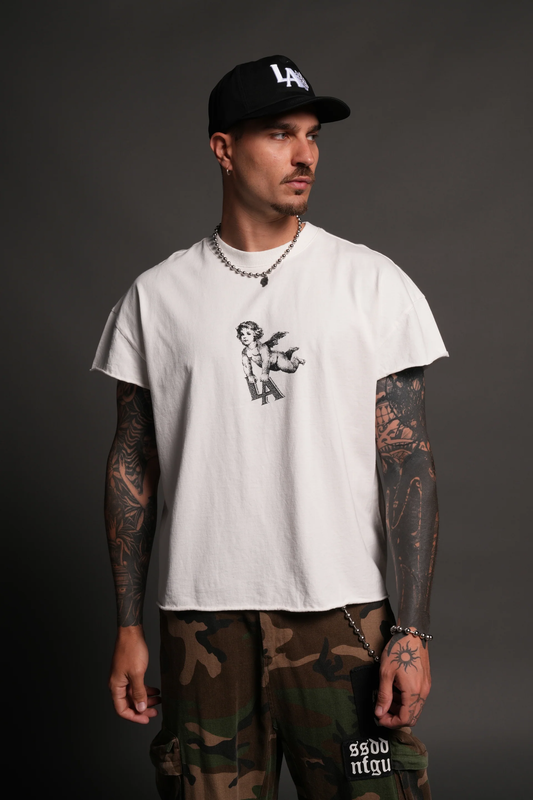LA CHERUB GRUNGE MID LENGTH RAW HEM CAP SLEEVE TEE IN CREAM