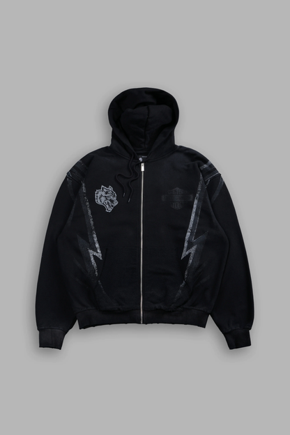 IRON SAKURA GRUNGE MOATIS ZIP HOODIE IN BLACK DRIFT WASH