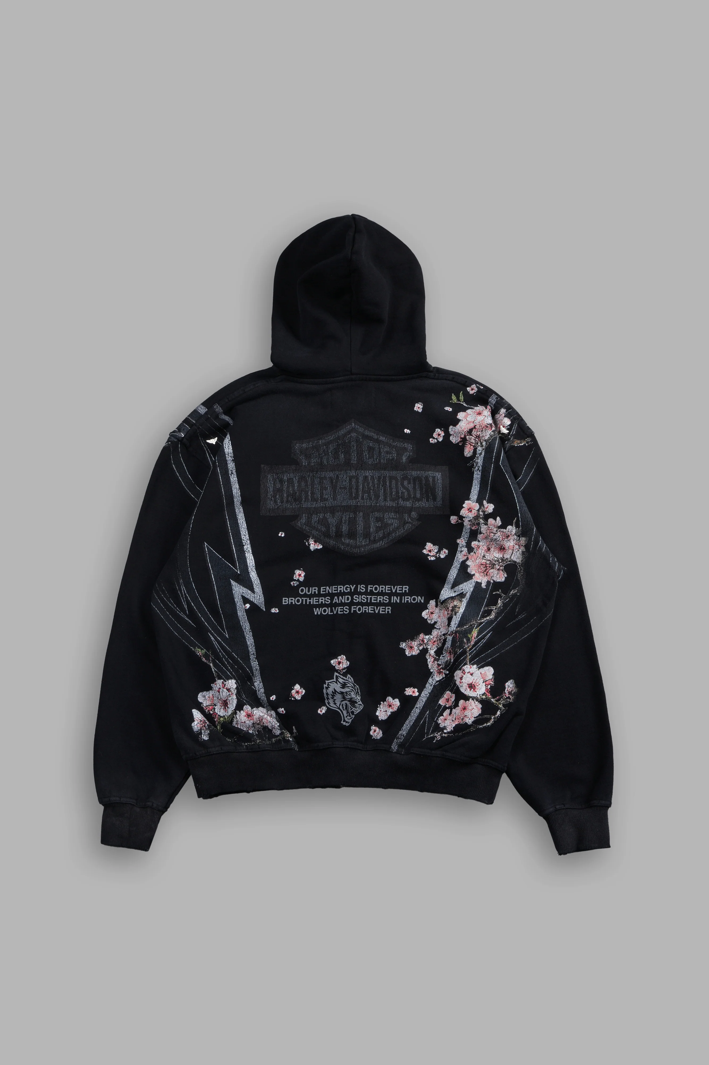 IRON SAKURA GRUNGE MOATIS ZIP HOODIE IN BLACK DRIFT WASH