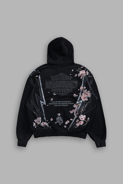IRON SAKURA GRUNGE MOATIS ZIP HOODIE IN BLACK DRIFT WASH