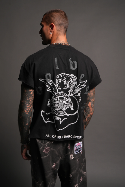 WOLVES CLUB CHERUB GRUNGE MID LENGTH RAW HEM CAP SLEEVE TEE IN BLACK