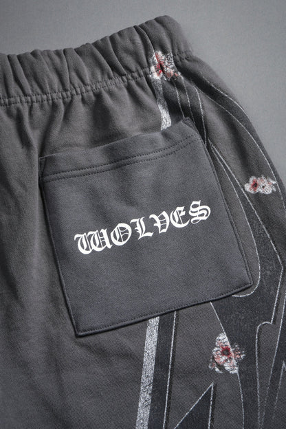 IRON SAKURA GRUNGE OVERSIZED RAW HEM POST LOUNGE SWEAT SHORTS IN SLATE GRAY