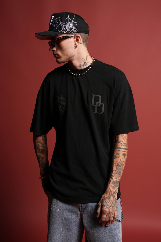 DEVIL IN THE FLAMES SIDE-BY-SIDE SERIES PREMIUM OVERSIZED TEE IN BLACK