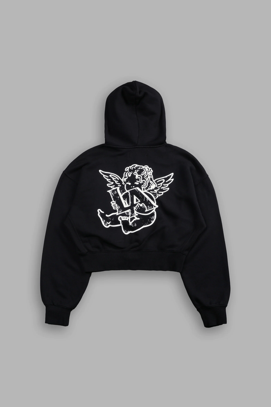 LOS CHERUB SAGE CROPPED ZIP HOODIE IN BLACK